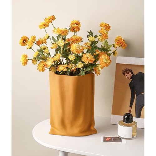 Silver Flower Vase, 9.2 Inch Tall Minimalist Ceramic Vase, Eclectic Flowerpot for Home Office Table Decor Housewarming Wedding Birthday Festival Gift (Orange)