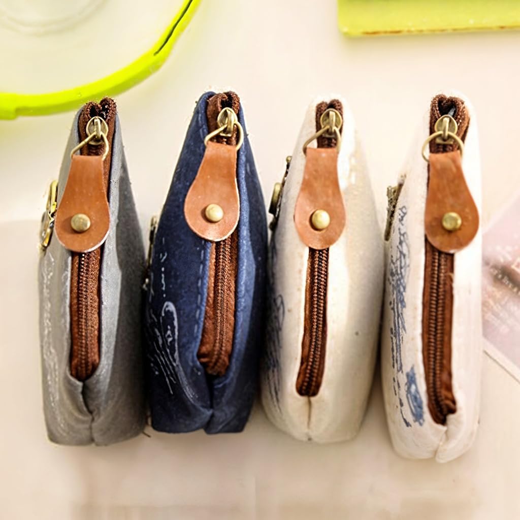 ZIBUYU® 4pcs Cute Decor Coin Pouch, Mini Wallet Card Bag Coin Canvas Coin Purse Change Cash Bag Zipper Small Purse Wallets for Women Girls Kids, Retro Style, 4 Pack, Free Size
