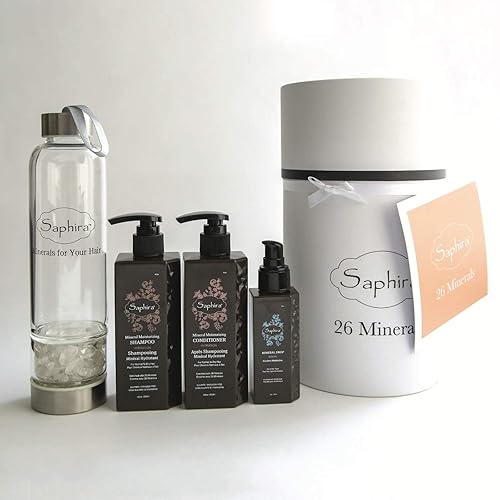 SAPHIRA Set de regalo de champú, acondicionador y suero hidratante con botella de agua de cristal mineral gratis Hidrata y repara el cabello seco,
