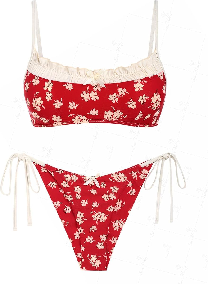 seamoly Gingham Spliced Ruched Ruffles Trim Bowknot Decor Tie Side Bikini Set
