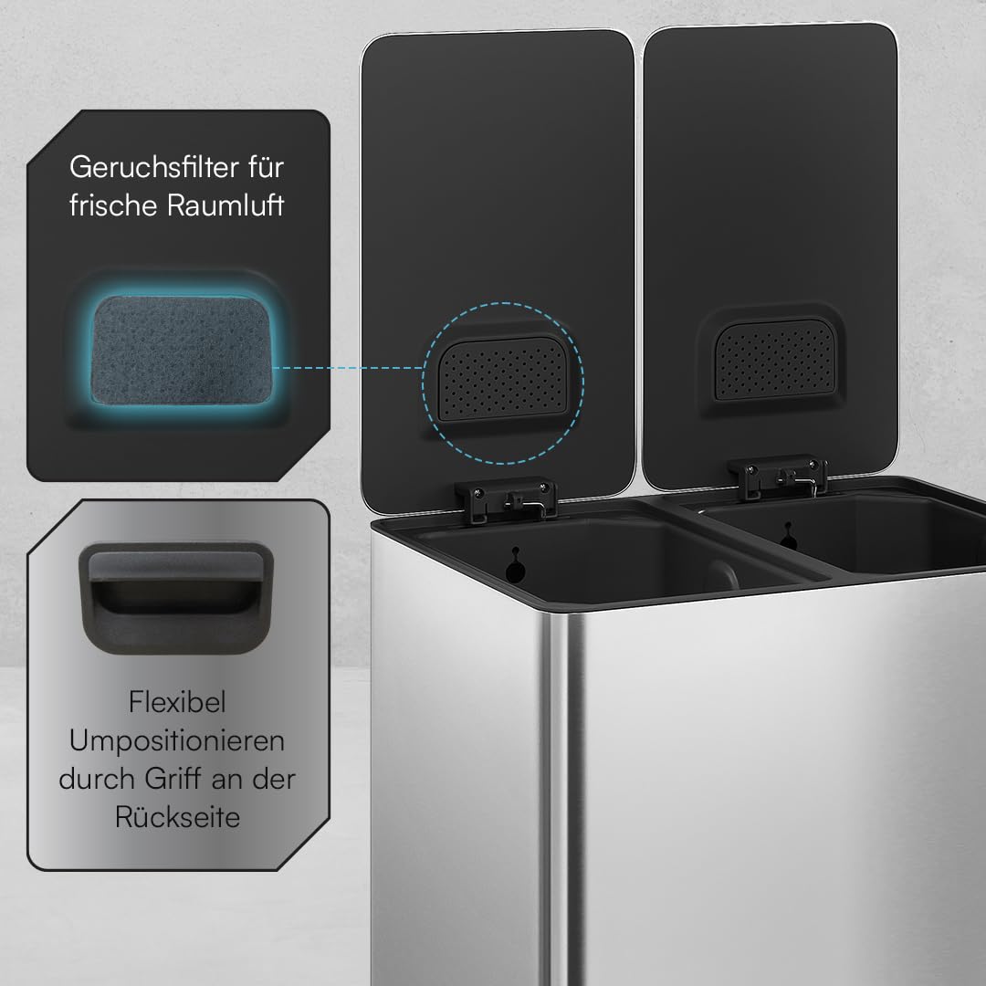 STEELSØN Gloas Mülleimer 2 Fächer – Mülltrennsystem Küche 2x15 L aus Edelstahl Silber – Tretmülleimer mit Soft-Close-Funktion & Geruchsfilter – Abfalleimer mit Inneneimer für Recycling & Restmüll