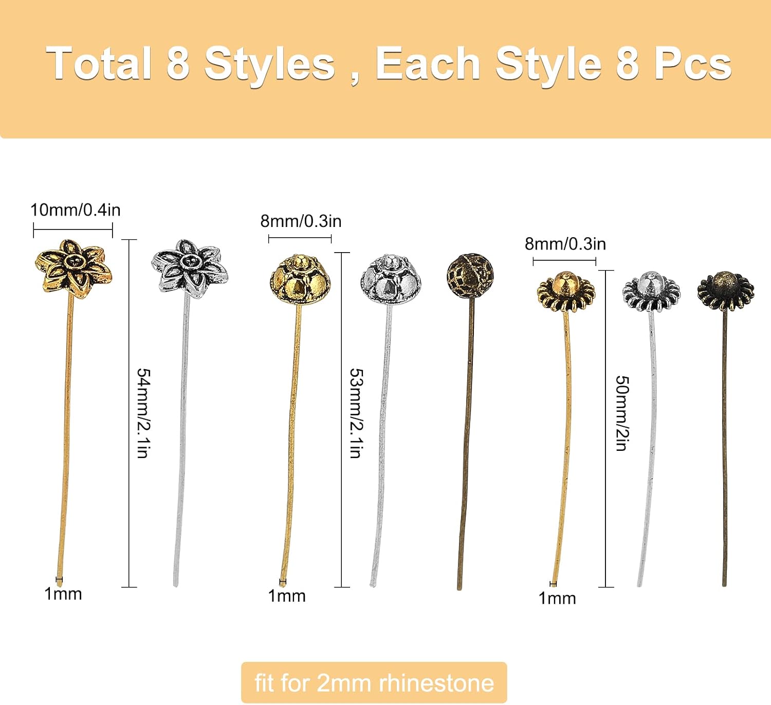 SUNNYCLUE 1 Box 64Pcs 8 Styles 50-54mm Flower Head Pins Antique Tibetan Style Beads Ball Head Pins Brass Jewellery Needles findings for Women Beginners DIY Earring Making Crafts