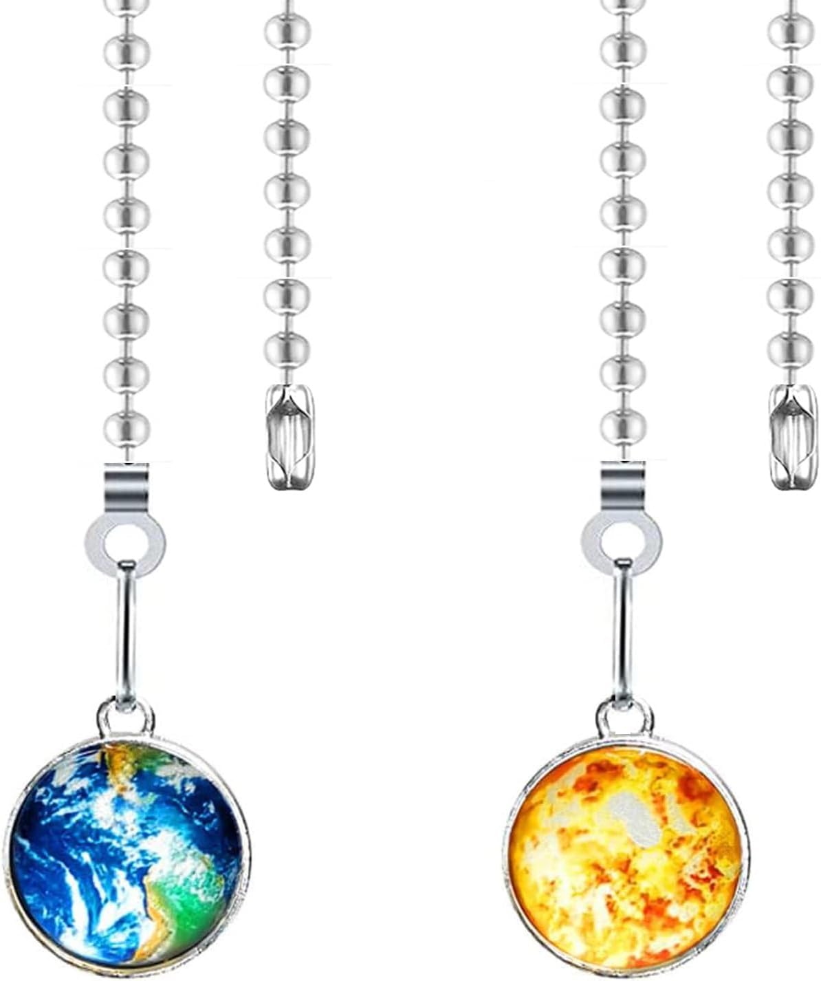 Ceiling Fan Pull Chain with Planet Charm Pendant - 2-Pack 12 Inch Fan Pull Chain Extension for Easy Install, Ideal as Pull Chains for Ceiling Fans and Lights Decoration (Earth+Sun)