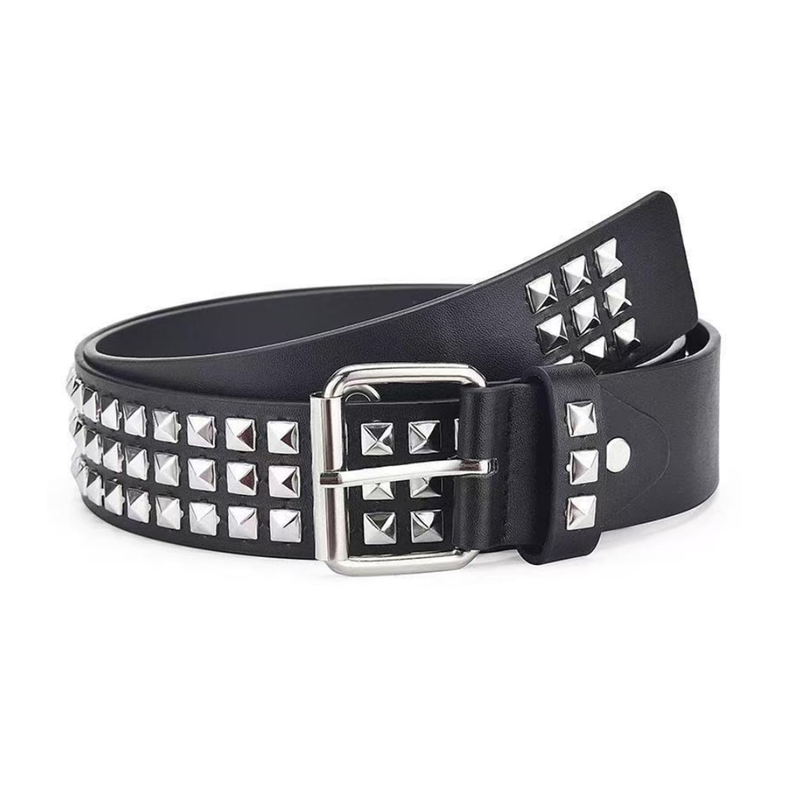 QSZHSL Rivet Studded Belt, Rivet Rock Black Studded Punk rock Grommet belt, Goth Row Pyramid Square Bead PU Leather Vintage Grommet belts for Jeans Rockwear Women Men (1 Pcs)