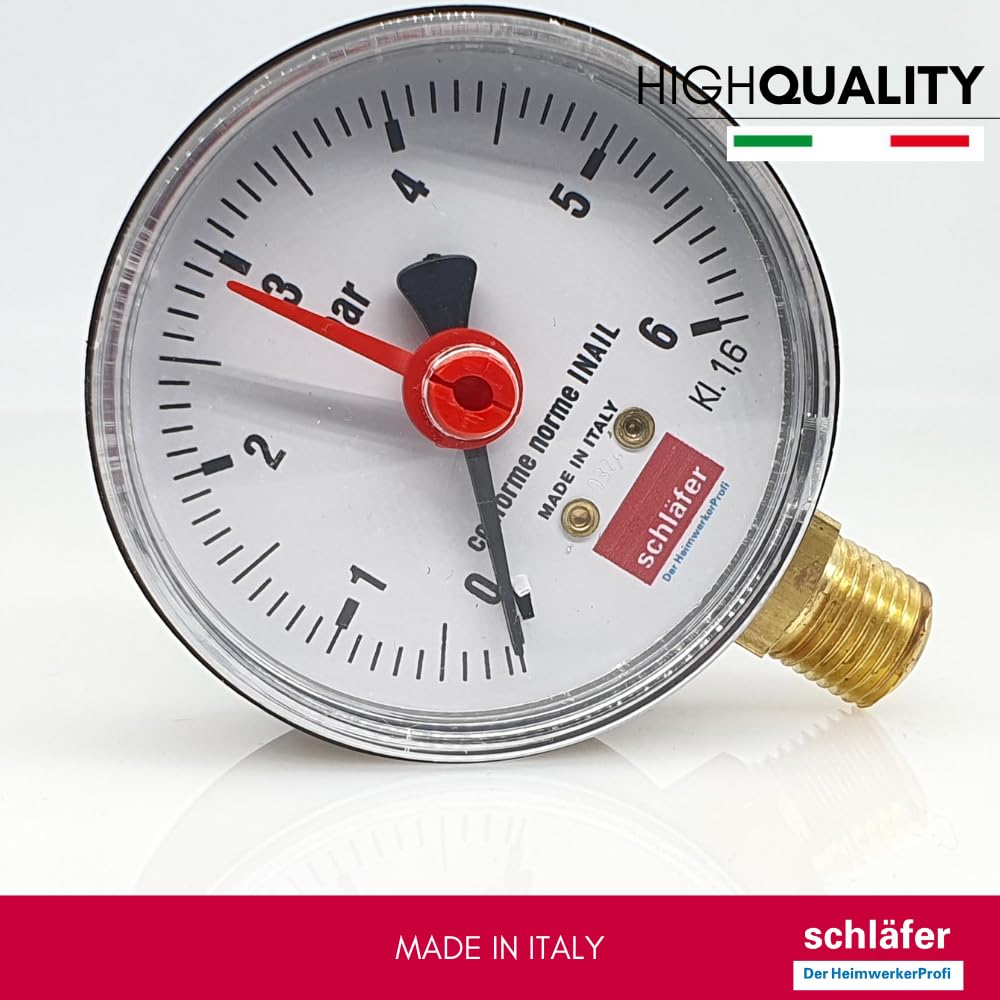 Schläfer 0930164 | Manomètre hydraulique vertical avec raccord radial 1/4" BSP, échelle 0-6 bar, diamètre de 63 mm, idéal pour les systèmes thermiques d'air et d'eau, indicateur de pression