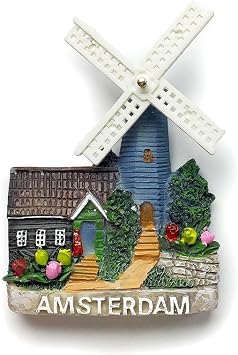Unique Hand-Painted Resin Fridge Magnet, 3D Amsterdam Netherlands Europe Windmill Tulip Scene, 2.75x2.56 Inch Vintage Refrigerator Decoration for Kitchen & Home