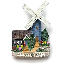 Unique Hand-Painted Resin Fridge Magnet, 3D Amsterdam Netherlands Europe Windmill Tulip Scene, 2.75x2.56 Inch Vintage Refrigerator Decoration for Kitchen & Home