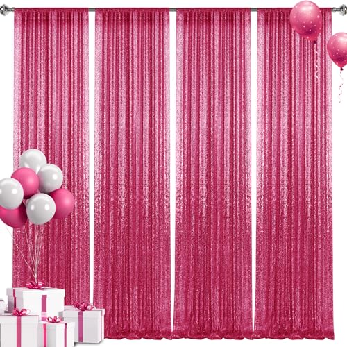2×8FT-4PCS Fuchsia Sequin Backdrop Curtains Panels, Photography Backdrop Glitter Curtains Fabric Background for Christmas Wedding Party Decor