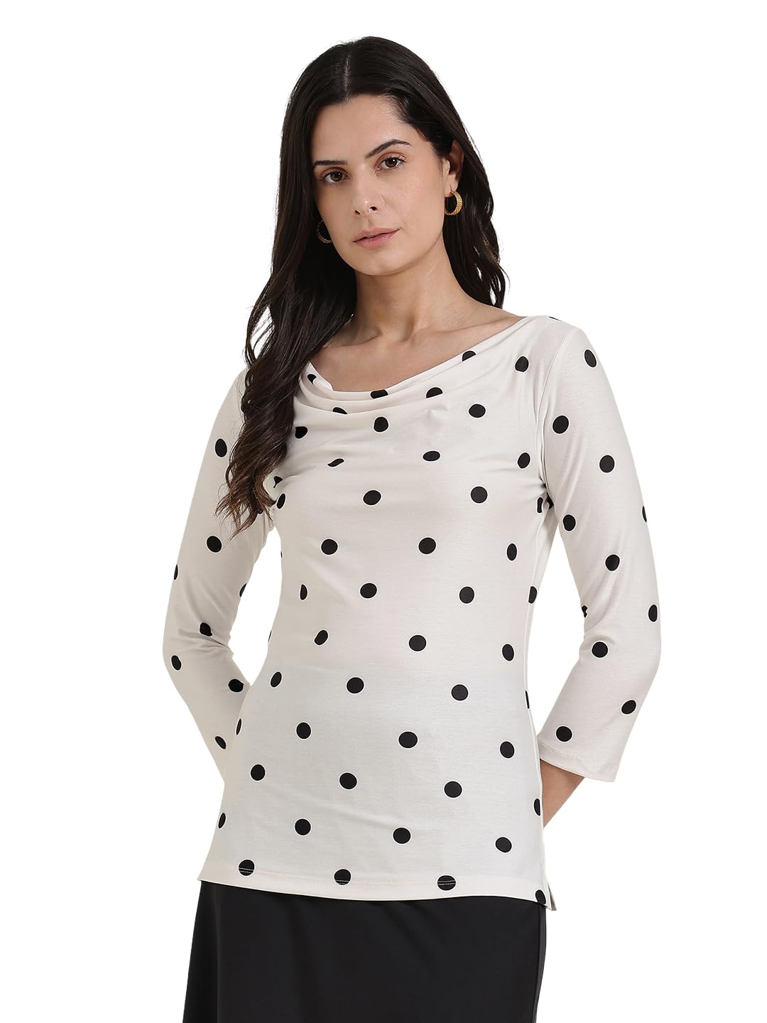 fablestreet Women Top | Slim Fit Cowl Neck Three-Quarter Sleeve Polka Dot Pattern | Soft Spun Knit Fabric for Work, Casual & Lounge Wear-picture-13