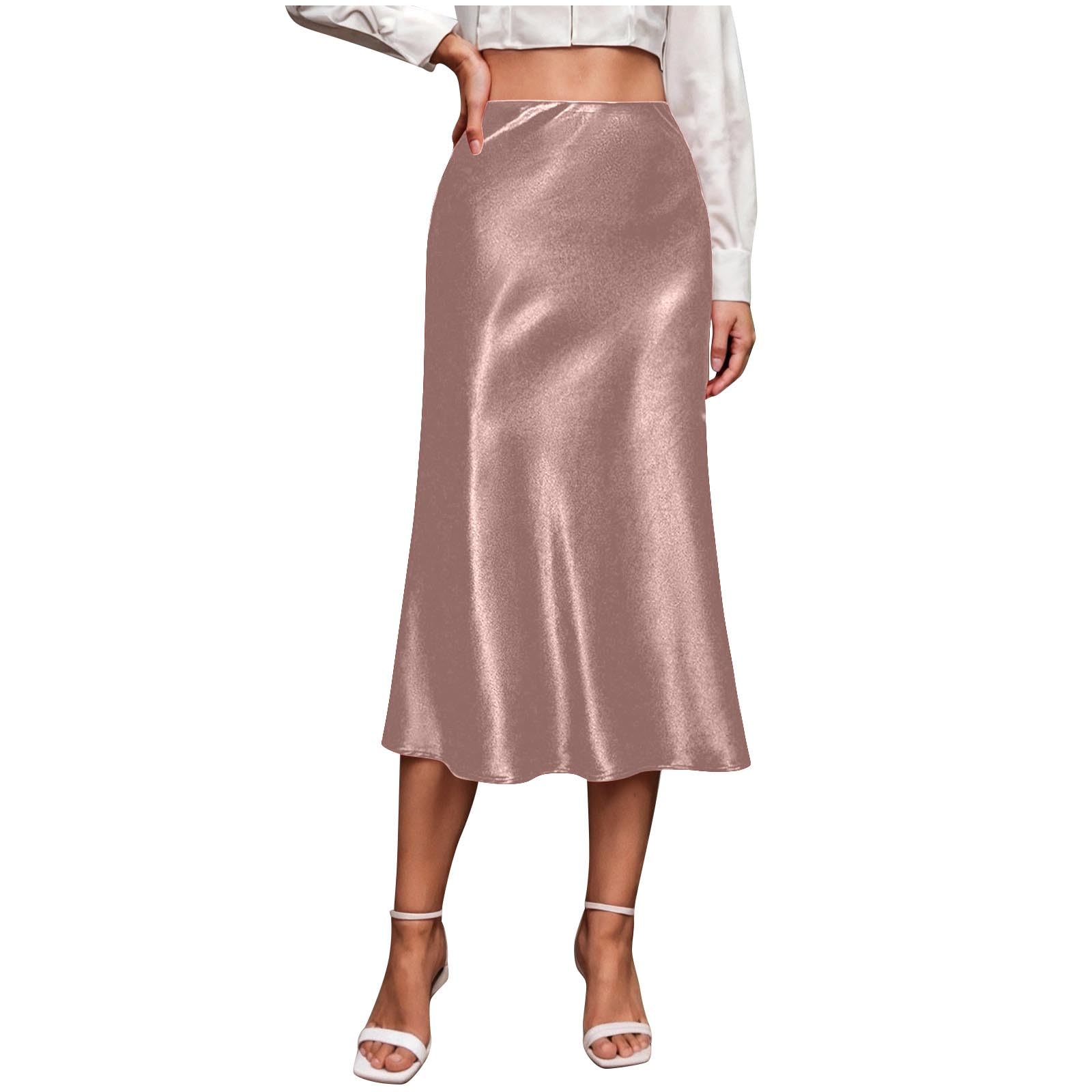 Womens Satin Midi Skirt with Side Zipper - Solid High Waist Slip Skort, Elegant Knee-Length Silk Skirt for Dinner — view 7