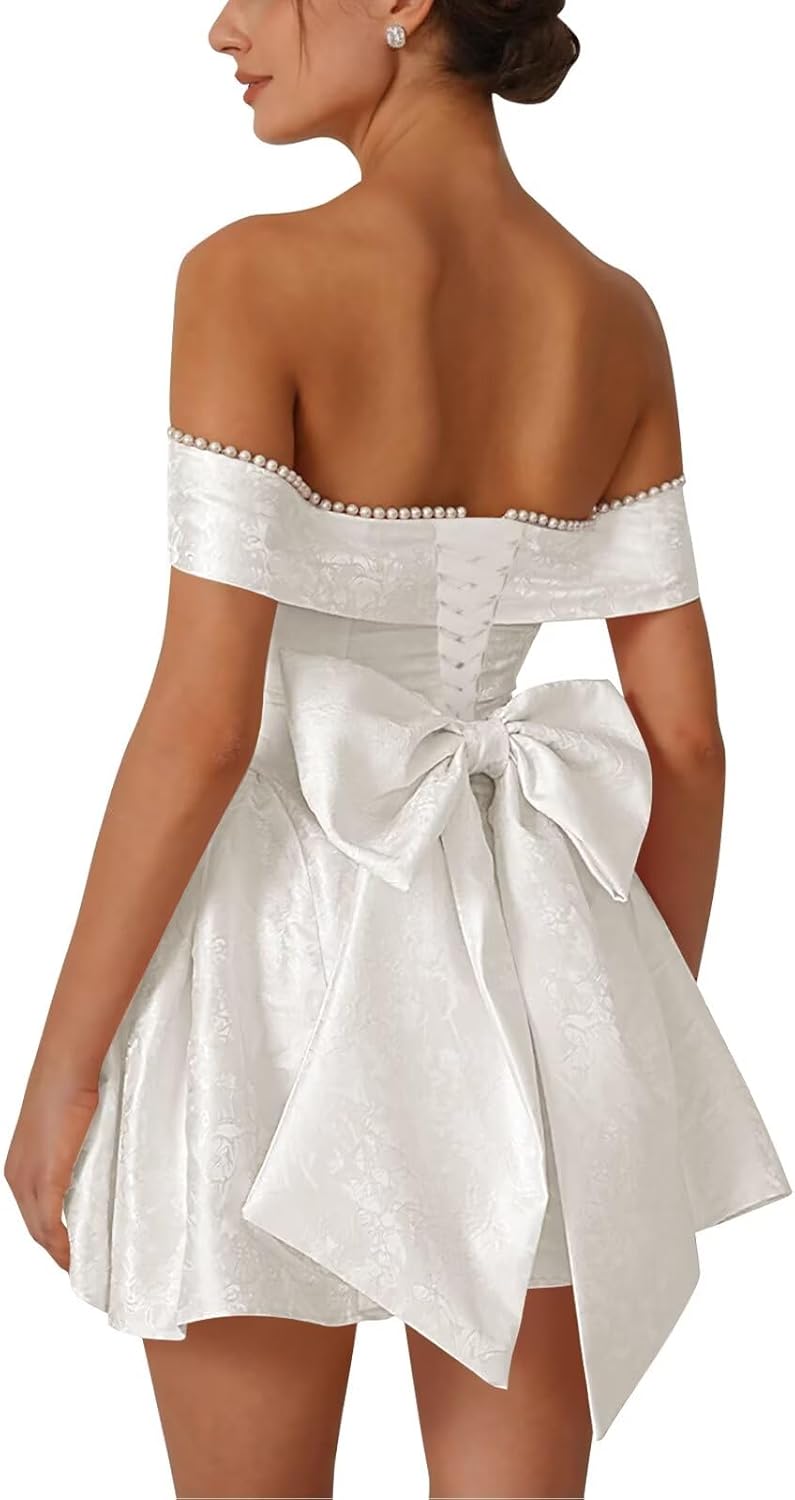 Satin Homecoming Dresses for Teens Off Shoulder Pearl Corset Prom Dress with Bow A-Line Short Cocktail Party Gowns