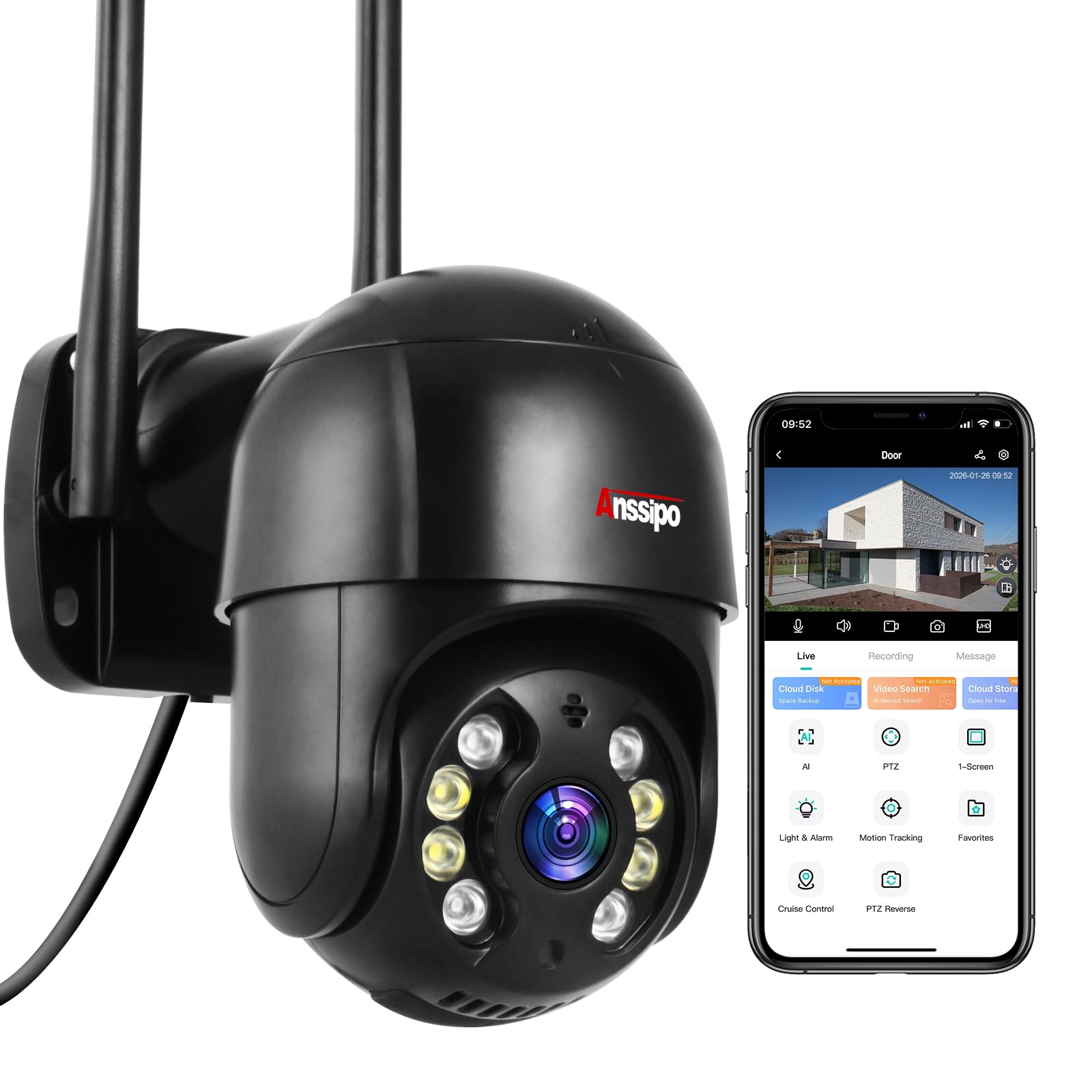 Zewnętrzna kamera bezpieczeństwa, przewodowe kamery WiFi 2,5 K 4 MP dla bezpieczeństwa w domu, panorama/pochylenie 360° widok śledzenia ruchu, kolorowy noktowizor, 2-drożny dźwięk, alarm