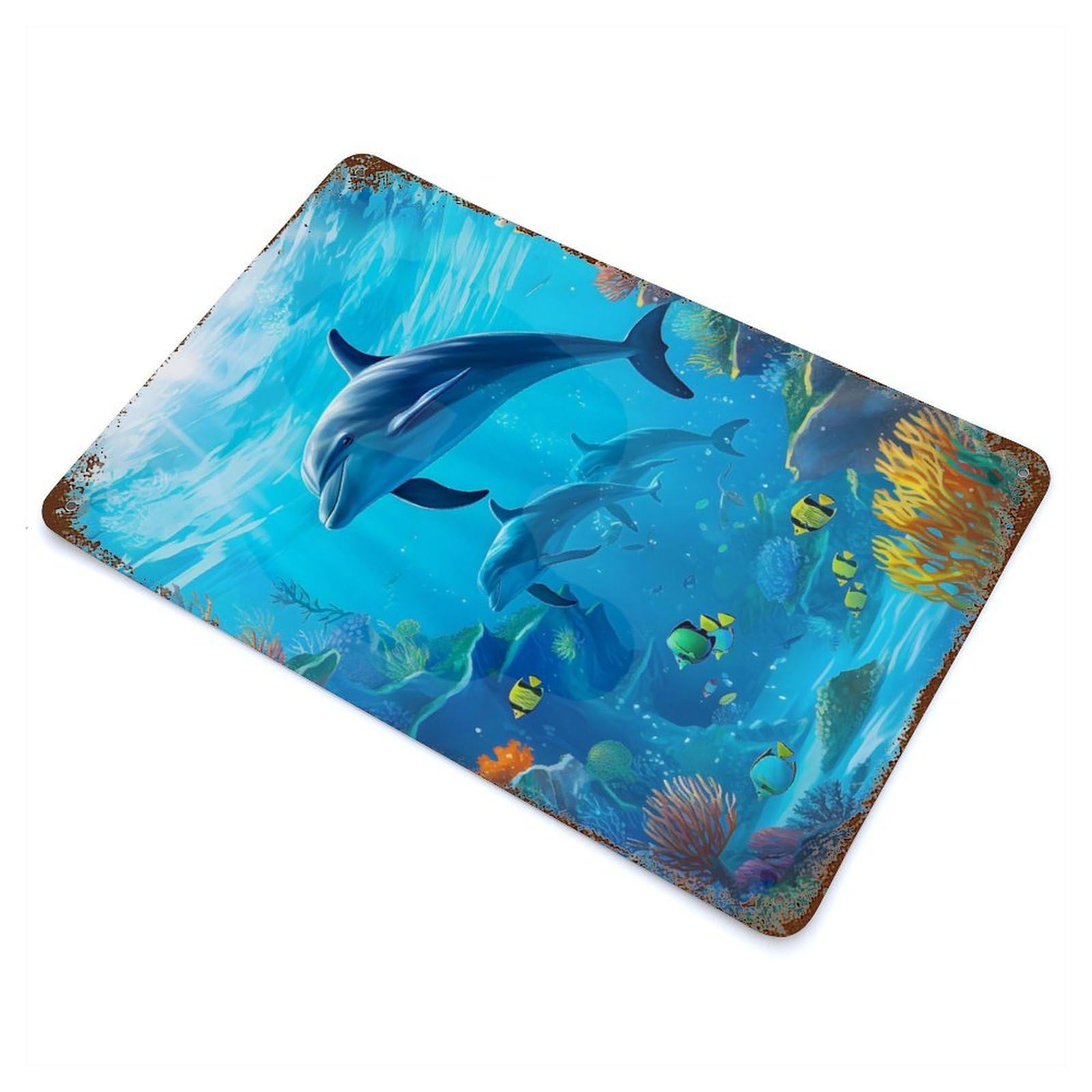 Rust Effect Dolphin Underwater Rusty Metal Tin Sign 11.8"x7.9", Rustic Home Decor for Living Room, Hallway And Home Decor