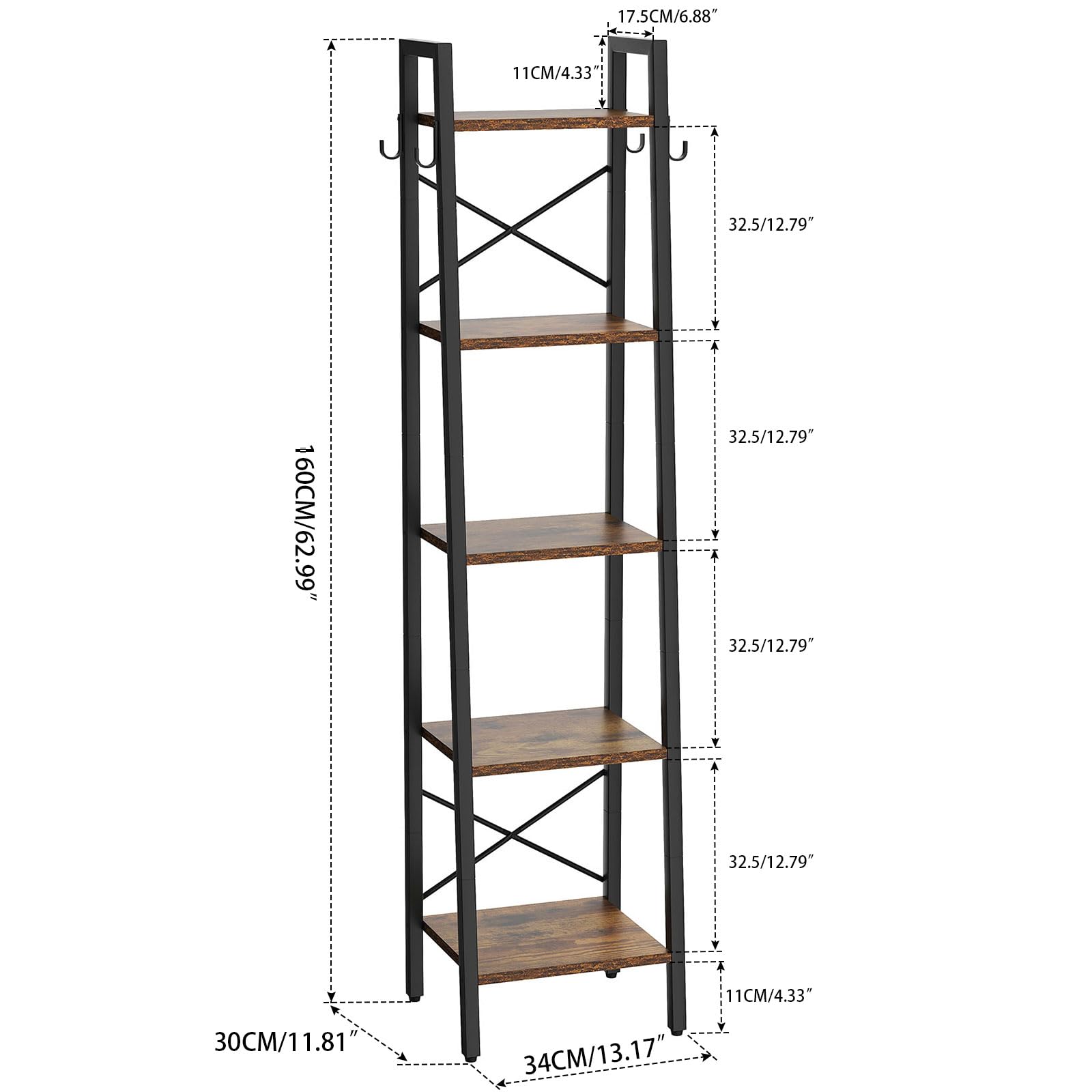 YMYNY Étagère Échelle, Hauteur 160CM Bibliothèque Industrielle à 5 Niveaux, Étagère de Rangement, Étagère à Livres avec Cadre en Métal, pour Salon, Cuisine, Marron Rustique HBC025H