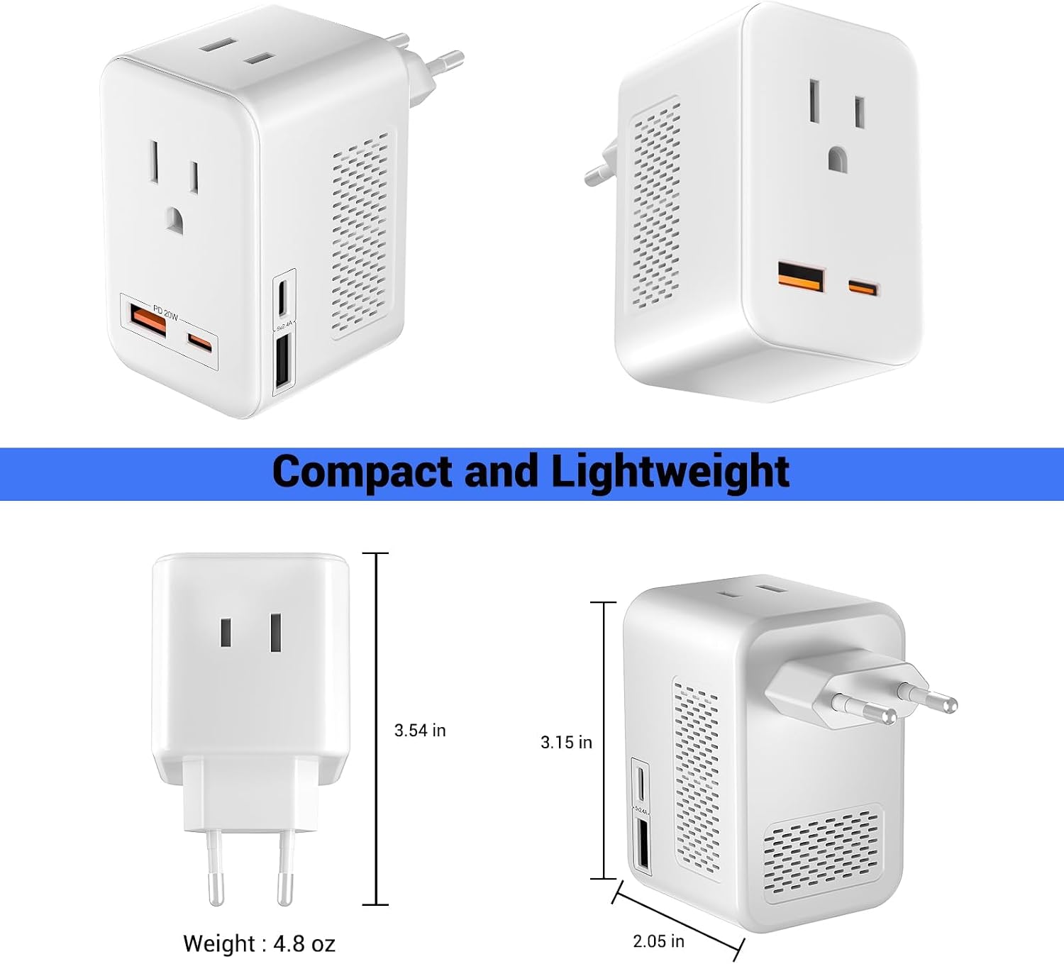 220V to 110V Voltage Conversion Plug Adapter for Traveling from USA to Europe with 2 USB and 2 USBC Ports PD 20 W, 2 AC Outlets International Power Adapter