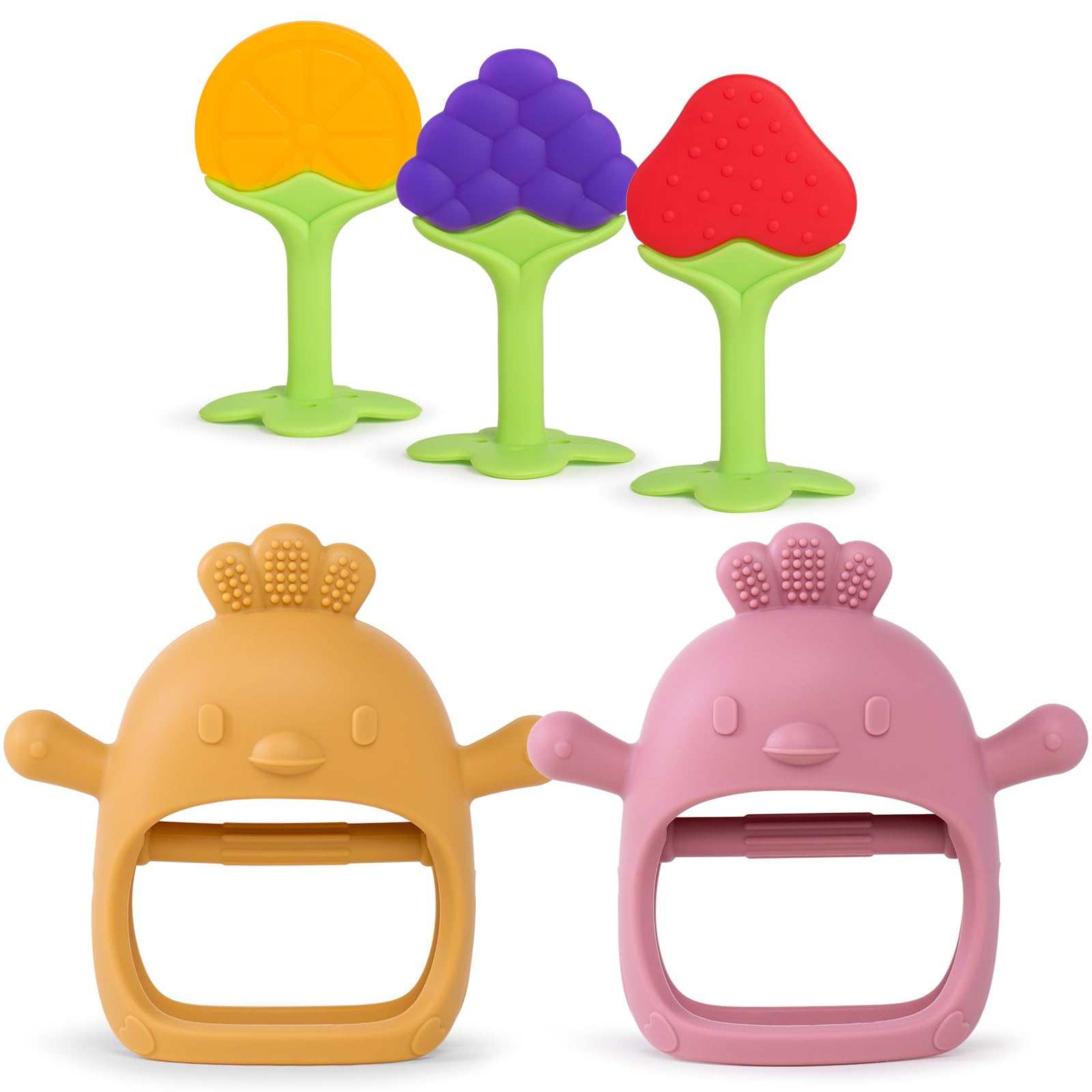 Baby Teething Toys (3 Pack) with Silicone Teething Mittens Teether Toy (2 Pack) for 0-6 Months Infants, Never Drop Baby Chew Toys for Sucking Needs, Hand Pacifier Teethers, BPA-Free