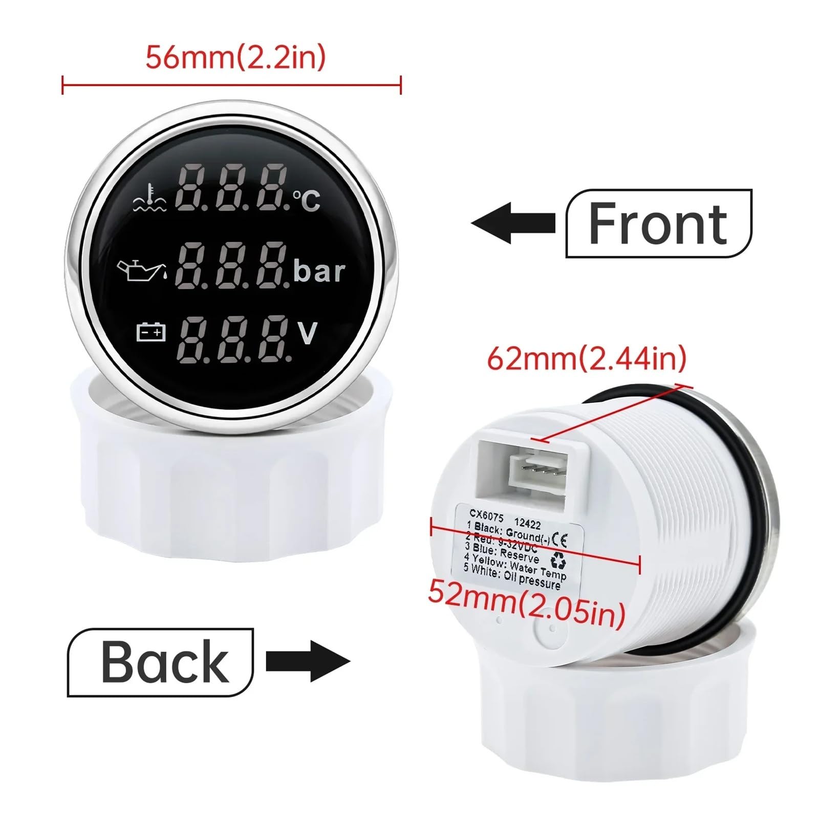 Wskaźnik samochodowy 3 w 1 Temperatura wody + Ciśnienie oleju + Woltomierz, Wodoodporny wskaźnik samochodowy z cyfrowym czerwonym podświetleniem 52 mm Uniwersalny(Black)