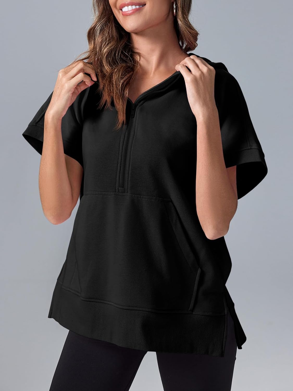 Fisoew Womens Oversized Half Zip Hoodies Short Sleeve Casual Sweatshirts Pullover Tops with Pockets - Image 3