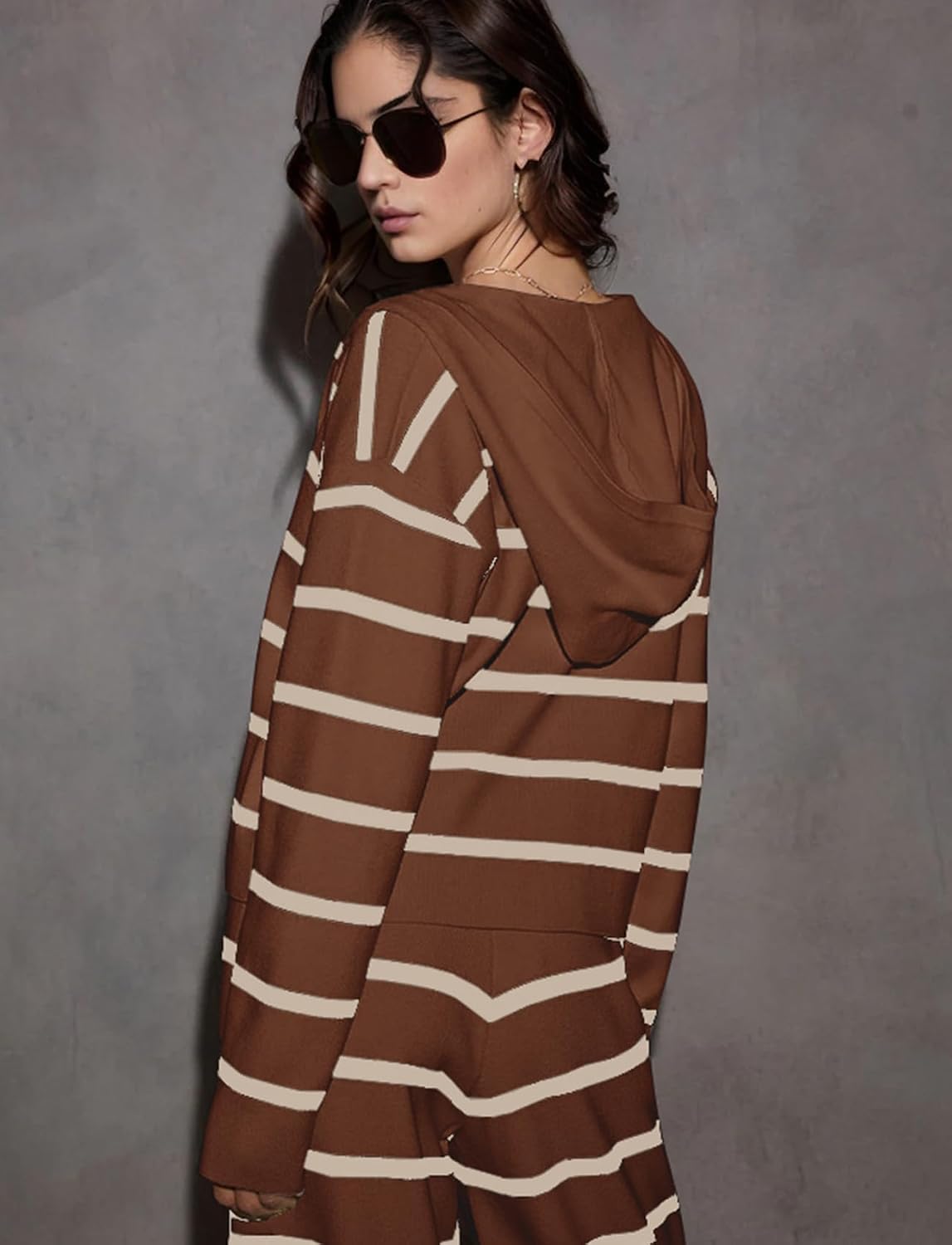 KFUBUO Women 2 Piece Lounge Sets Fall Outfits 2025 Sweatsuits Stripe V Neck Hooded Sweater Wide Leg Pants Set