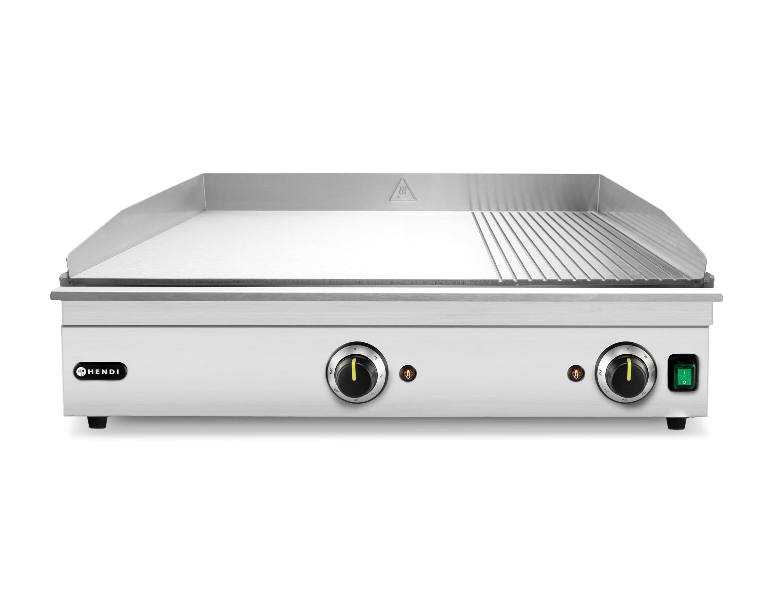HENDI Plancha de asar eléctrica mixta 2/3 lisa y 1/3 acanalada, grill parrilla con bandeja de goteo extraíble, temperatura regulable hasta 300°C, 230V, 3500W, 697x474x(H)233mm, acero inoxidable