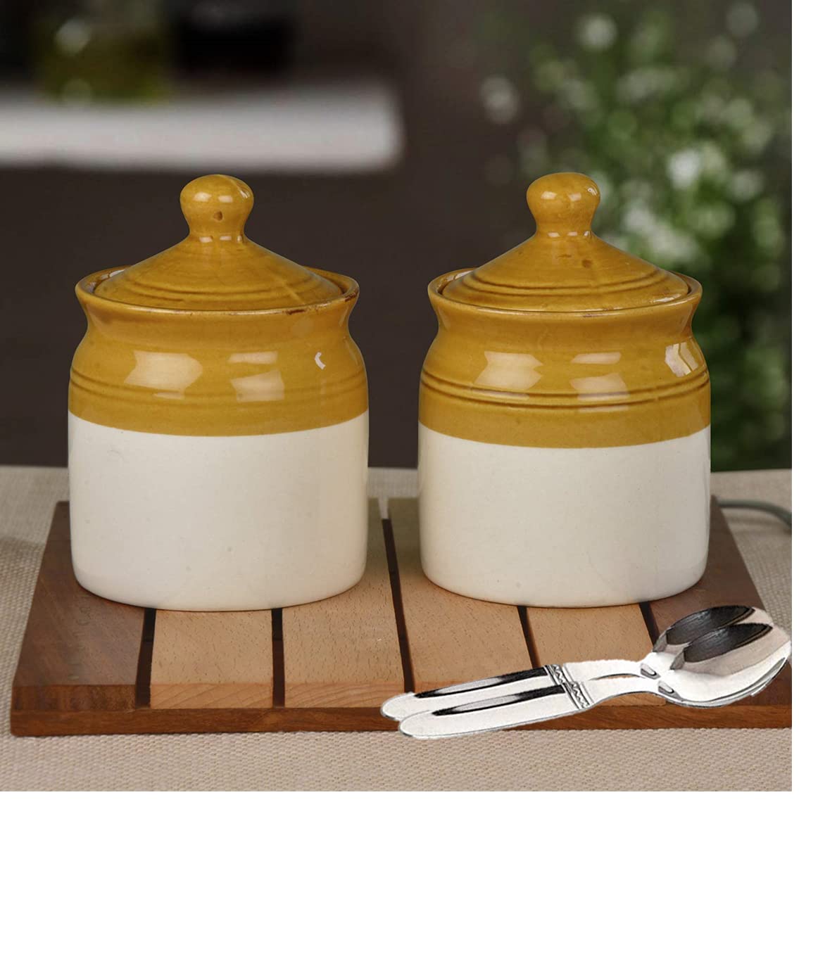 HC THE CRAFTS Ceramic Handmade Pickle Jar Set with Lid (250ml, Pack Of 2, Brand: SHRIYAM CRAFT)