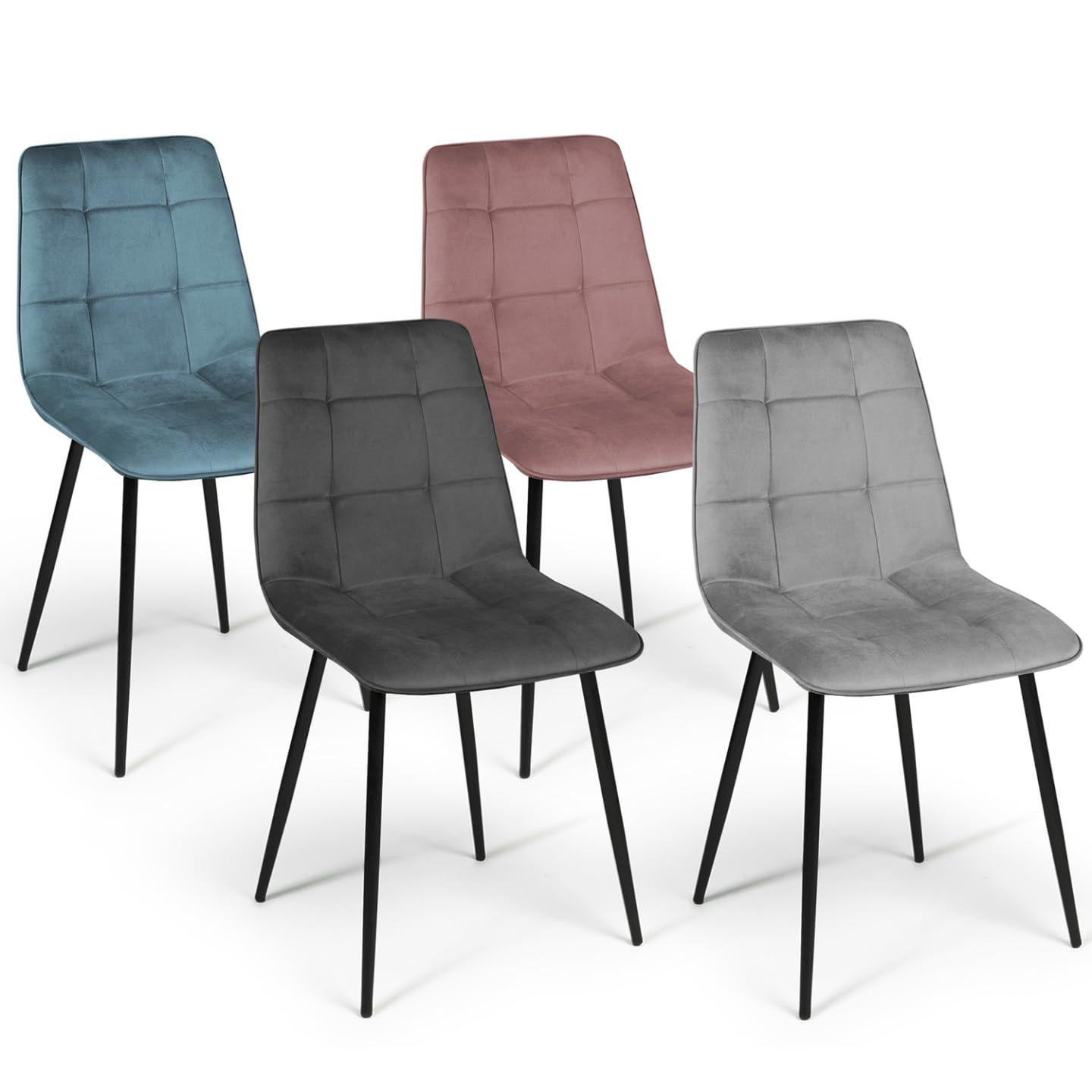 IDMarket - Juego de 4 sillas Mila de terciopelo Mix Color Pastel Azul, Gris Claro, Gris Oscuro, Rosa