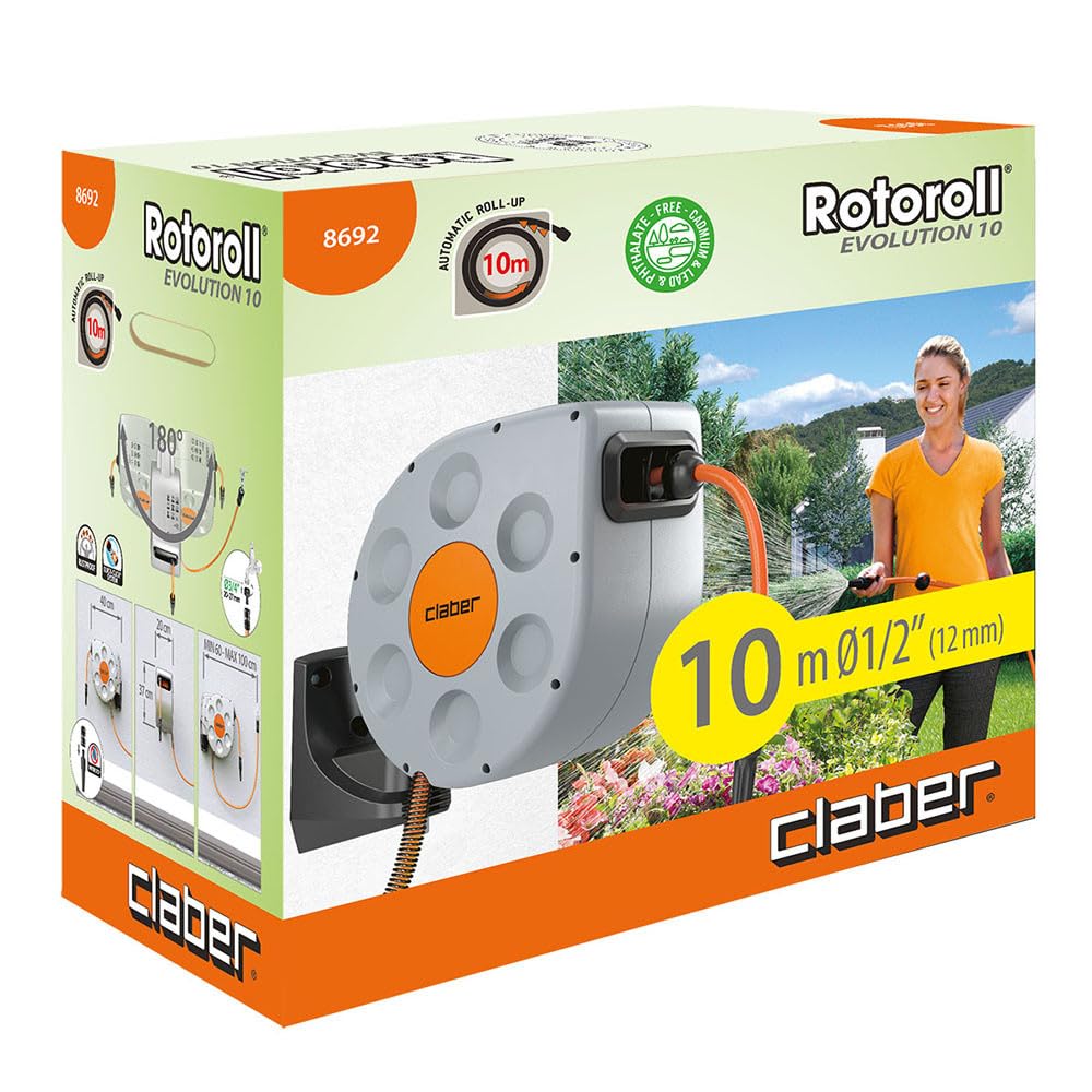 Claber Rotoroll Evolution 10 m, avvolgitubo automatico per installazione a parete dotato di Slow Rewind