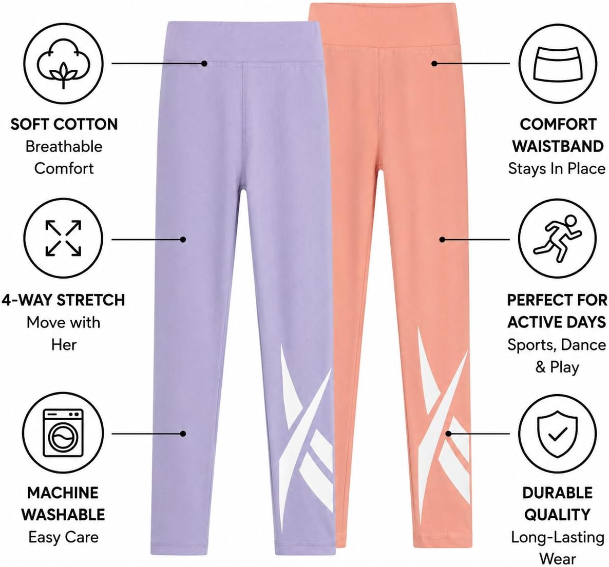 Reebok Girls Leggings - 2 Pack Cotton Yoga Pants for Girls Dance Tights image 5