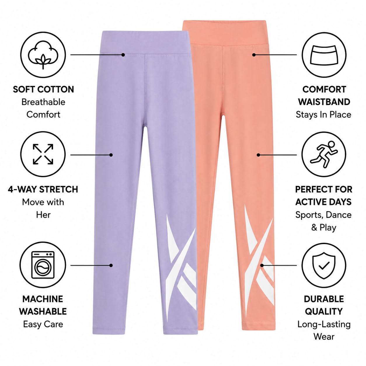 Reebok Leggings da ragazza – Confezione da 2 leggings sportivi in cotone – Pantaloni da yoga per ragazze collant da danza (taglie: 7-12)