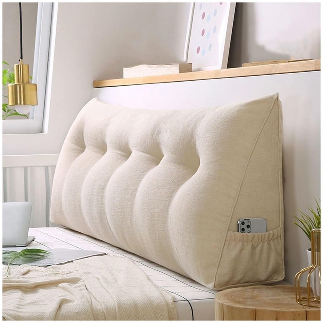 Lar Almohada triangular para cabecero de 180 cm, respaldo para lectura, mesa de apoyo, cabecero, almohada de posición, en bei/blanco, perfecta para relajarse y decorar