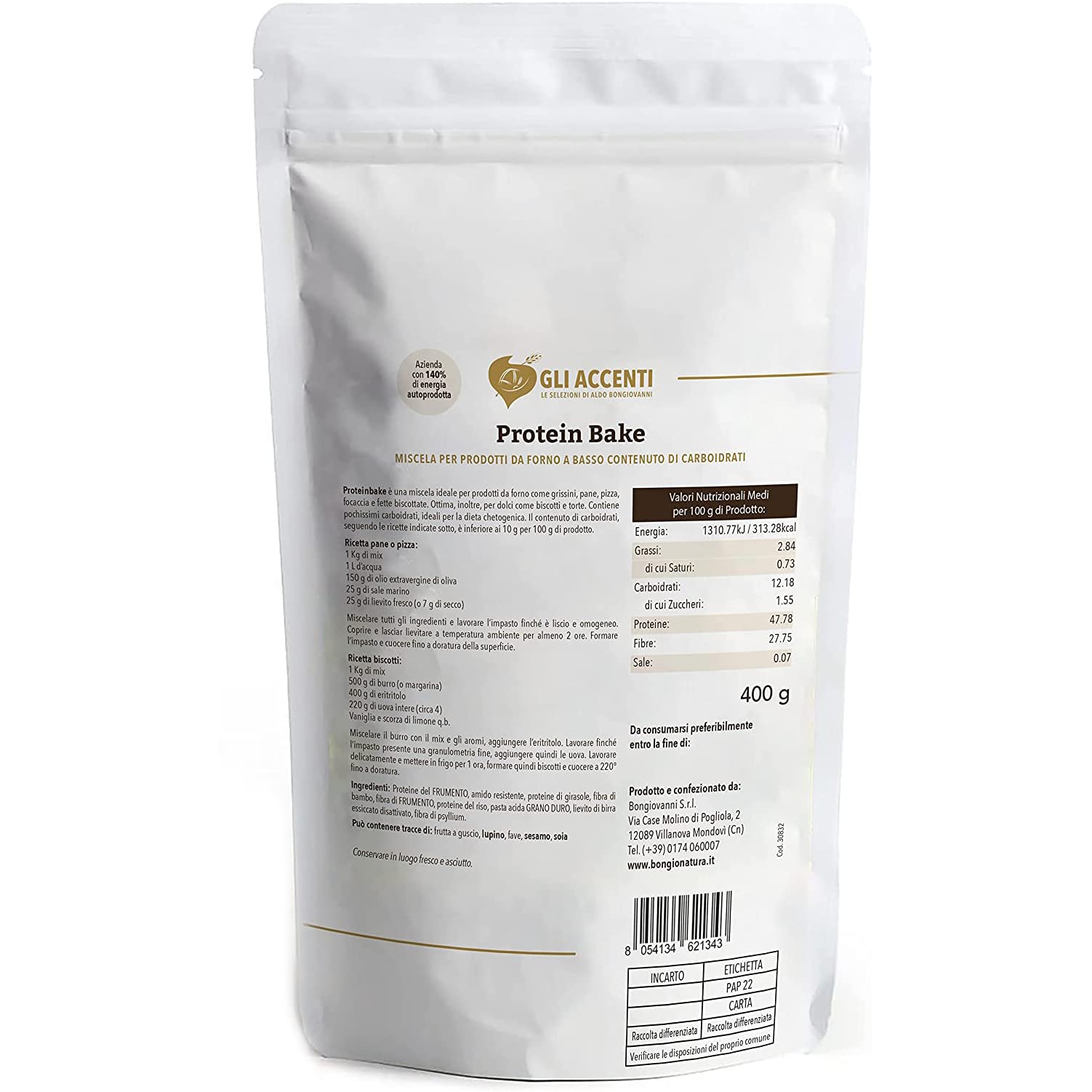 Bongiovanni Farine e Bontà Naturali – Protein Bake, Farina Proteica per pane, pizza, dolci da 400g (confezione da 3), Ideale per dieta chetogenica, Farina Low Carb