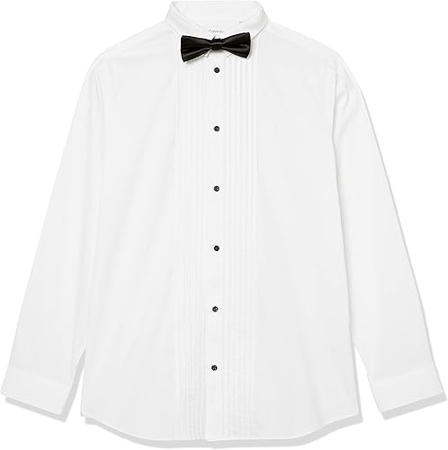 Calvin Klein Camisa de vestir de esmoquin de manga larga para niños con pajarita, estilo abotonado con peto plisado clásico, incluye pañuelo a