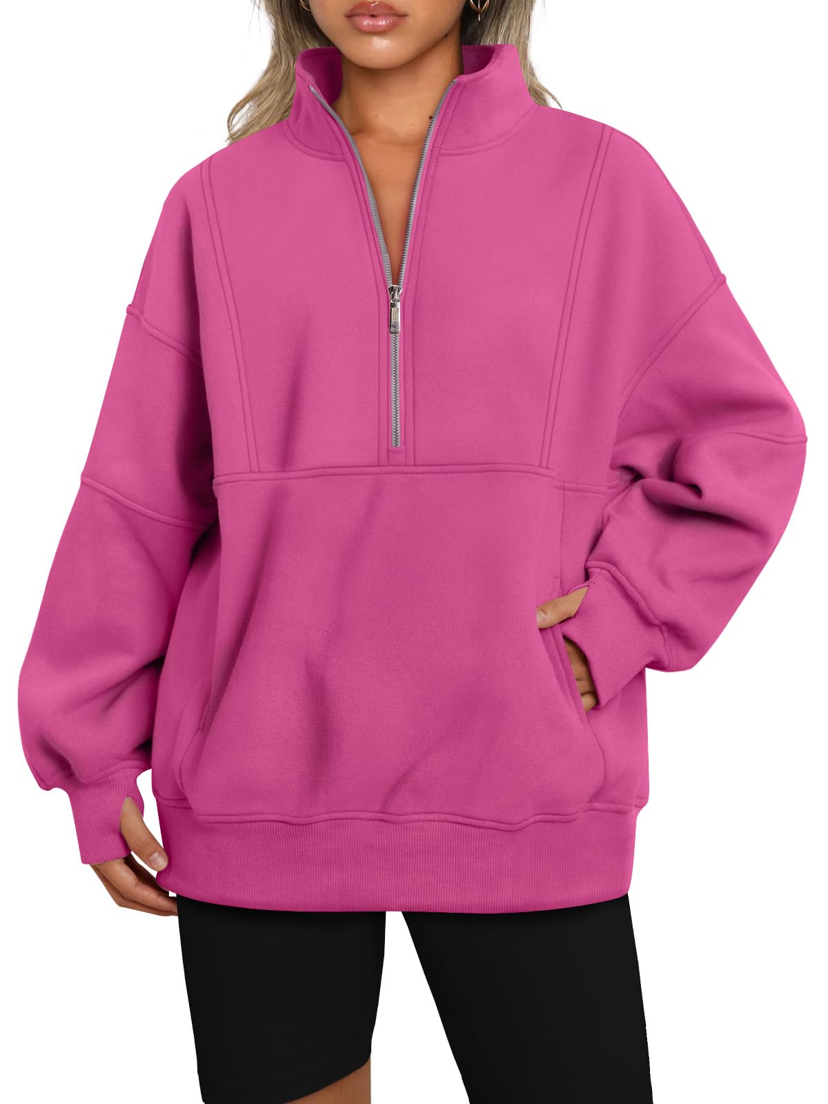 AUTOMETWomen's Half Zip Oversized Sweatshirts Fleece Long Sleeve Hoodies Casual Sweaters with Pockerts