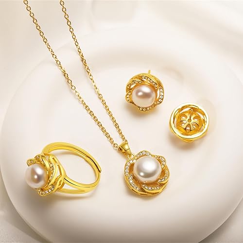 Miniatura 2 de la luen Pearl Necklace Earring Set for Women,Freshwater Single Pearl Wedding Jewelry for Brides Mom Birthday Gifts