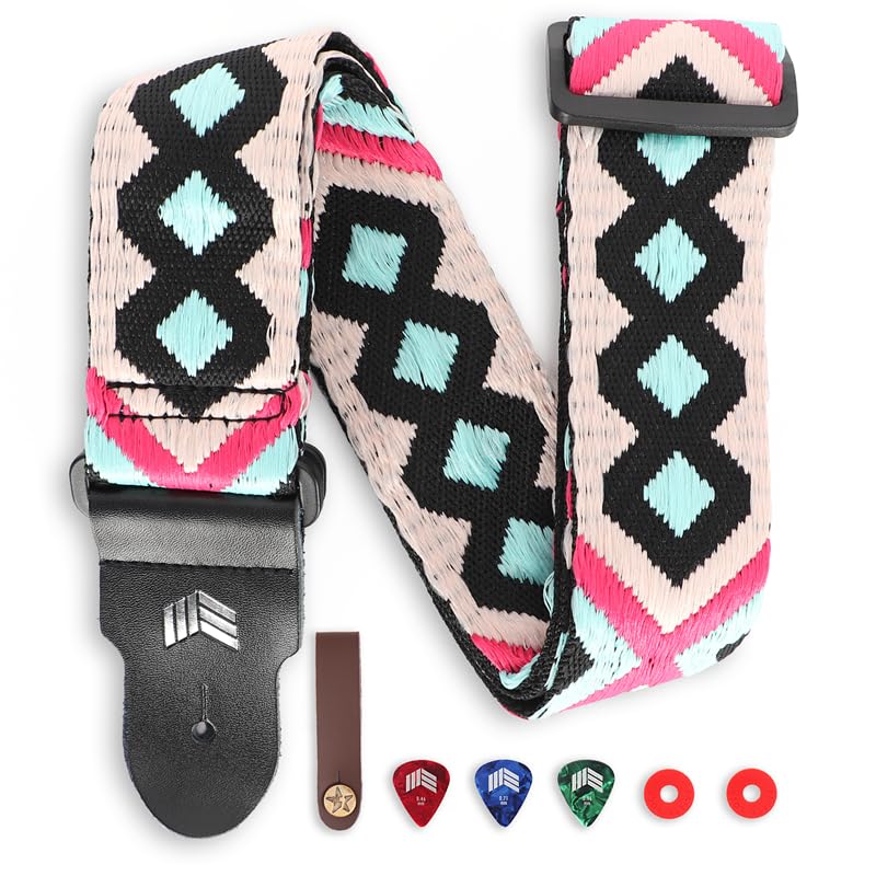[MOOZAK] ヴィンテージ刺繍入りコットンギターストラップ, 本革エンド, アコースティック＆エレクトリックギター対応, ピック3枚・ロック2個・ヘッドストックタイ1個付き
