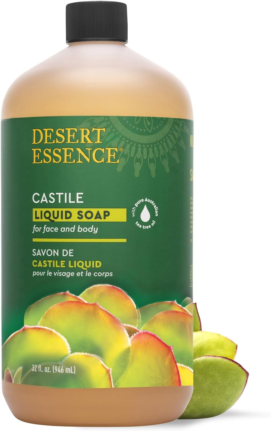 Castile Liquid Soap With Eco-Harvest Tea Tree Oil - 32 Fl Oz - Face & Body Cleansing - Coconut & Olive Oil - May Diminish Imperfections & Help Reduce Oil