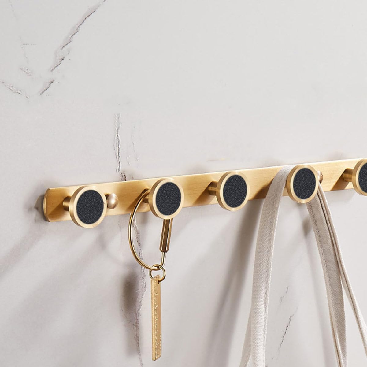Brass Wall-Mounted Hanging Clothes Hook 5-Hook Row Black Leather Coat and Hat Rack for Bathroom and Door Storage