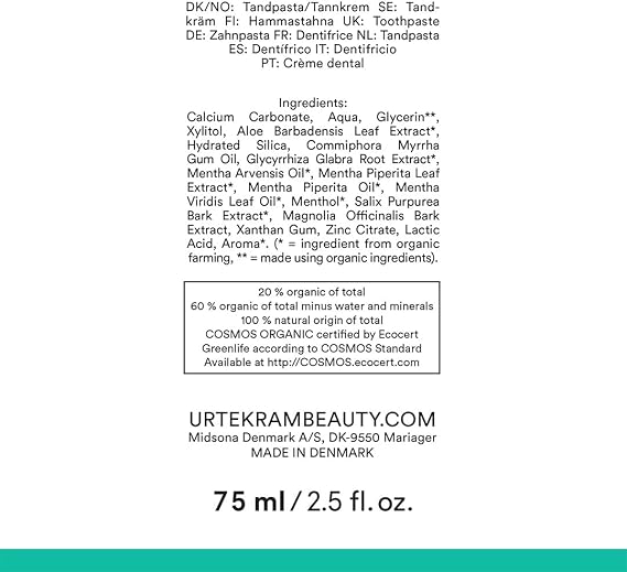 Urtekram Bio9 Toothpaste Organic, Strong Peppermint, 75 ml
