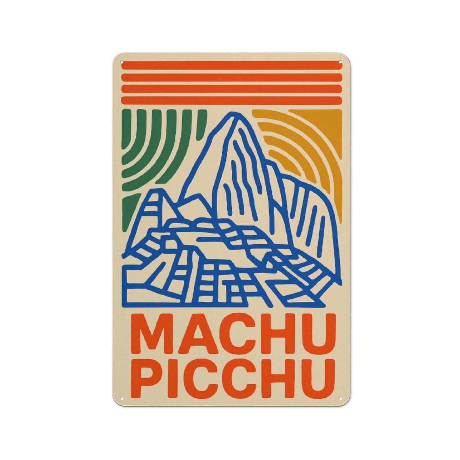 Junmoney Style-17 Loft Style Machu Picchu Illustration Decorative Metal Plaque 30X20cm, Studio Wall Art For Workspace, Cafe, Hallway Or Garage