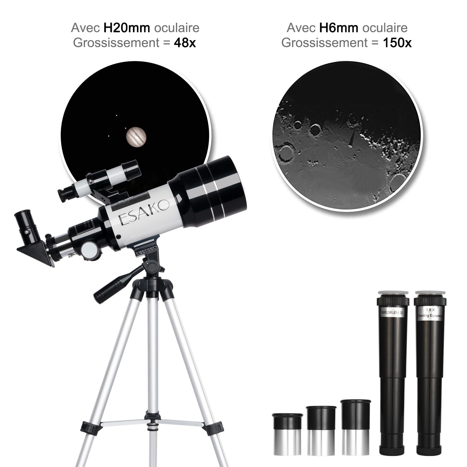 ESAKO Télescope pour Enfants & Débutants, 70 mm Télescopes réfracteurs Astronomiques avec 3 Oculaires, Adaptateur de téléphone, Filtre Lunaire