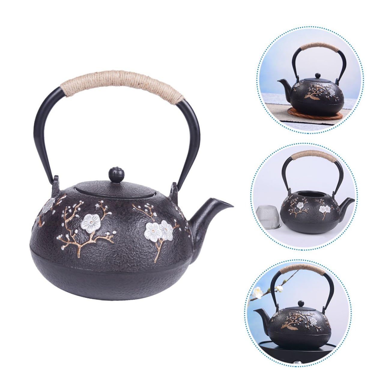 Homoyoyo Tetera Vintage de Hierro Fundido Infusor y Asa Cómoda para Hogar, Tetera Japonesa Negra Adecuado para Preparar Infusiones y Té en Casa