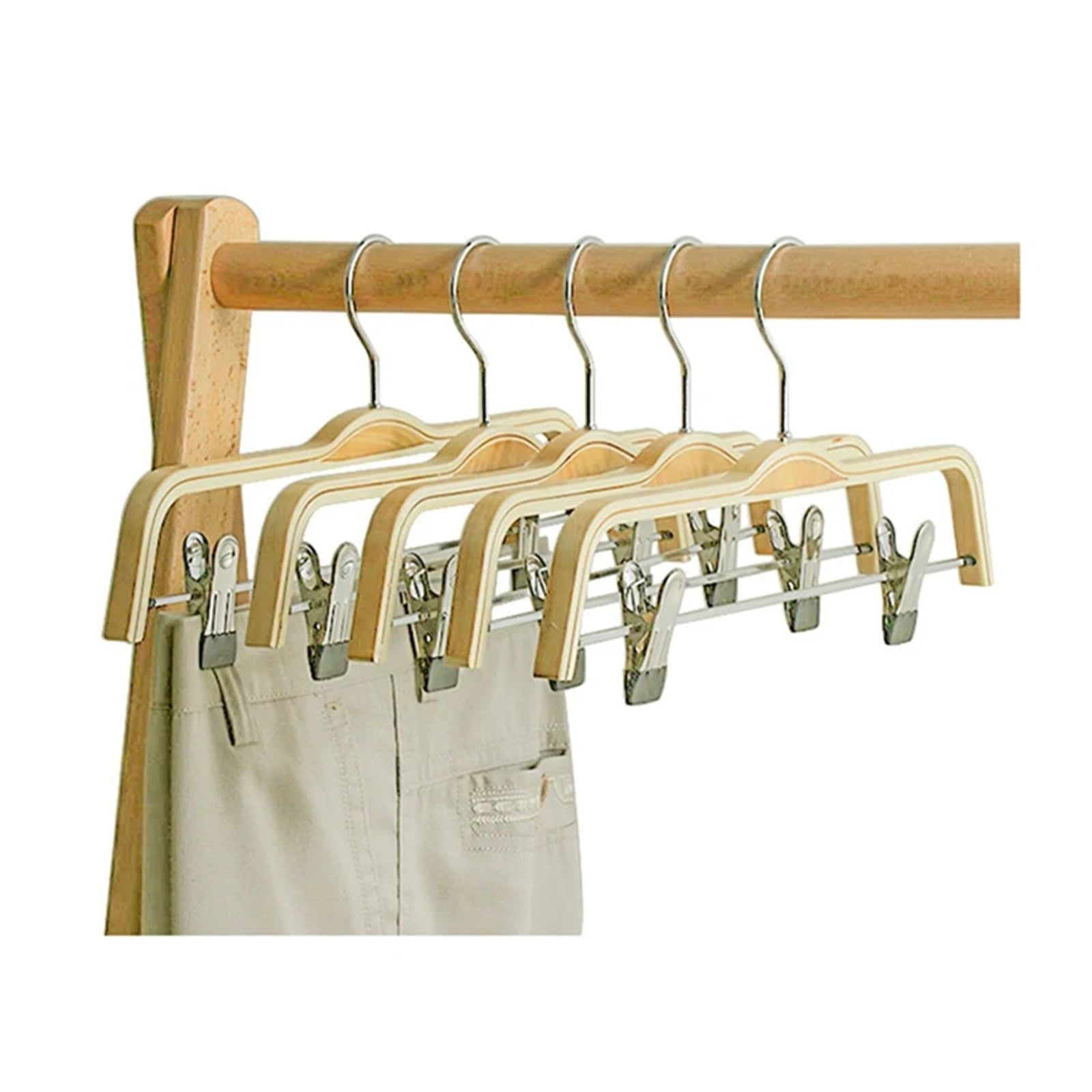 Kleiderbügel Hosen 37 cm rutschfeste Kleiderbügel for den Heimgebrauch von Erwachsenen, Sperrholz-Kleiderbügel mit Klammern for Hosen, 5 Stück