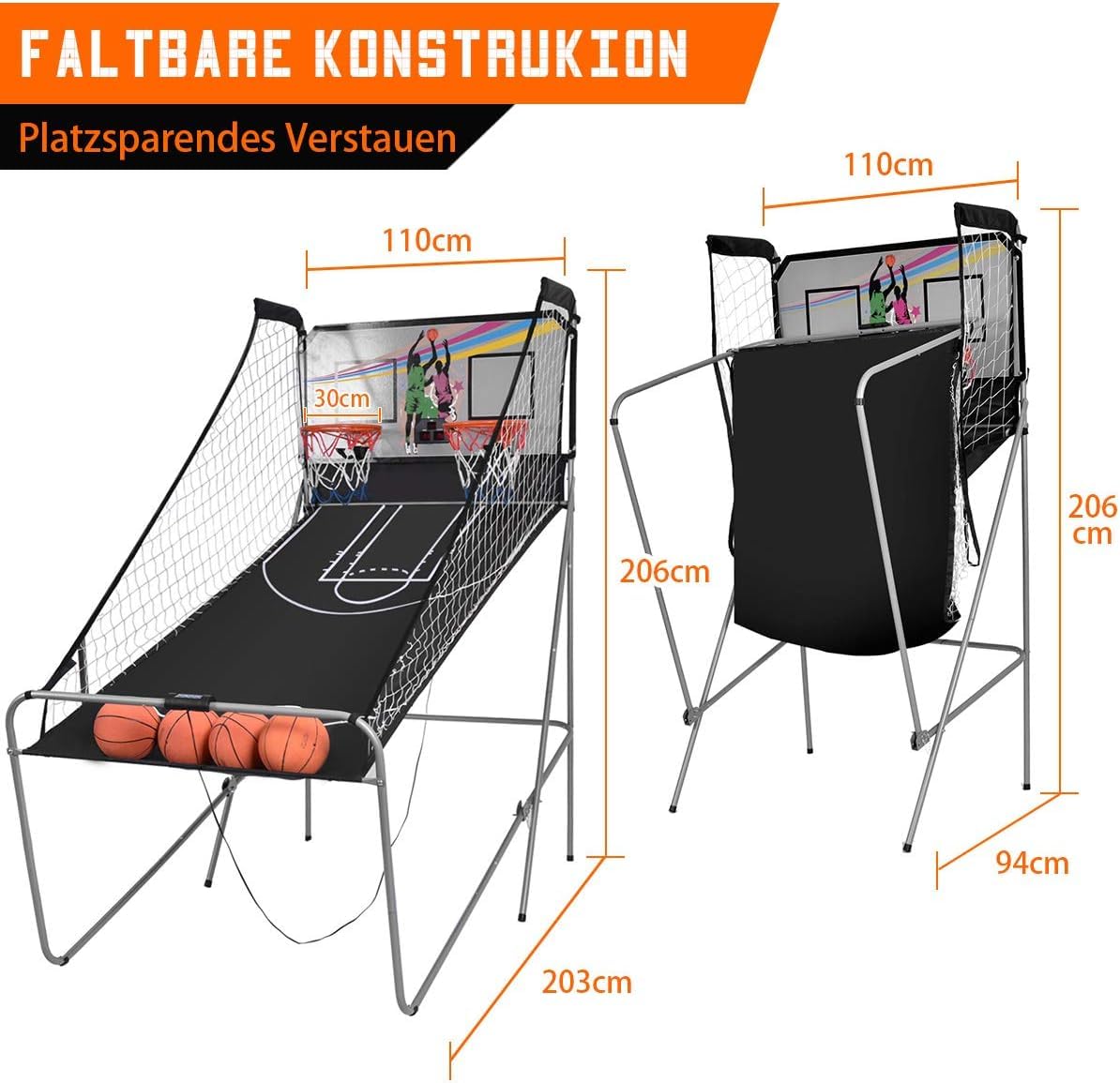 FANTASK 8 in 1 Basketballmaschine, elektrischer Basketballständer faltbar, Luftpumpe & 8 Spielmodi, Schießmaschine mit 4 Bällen, Arcade Basketball Kinderspiele, Grau