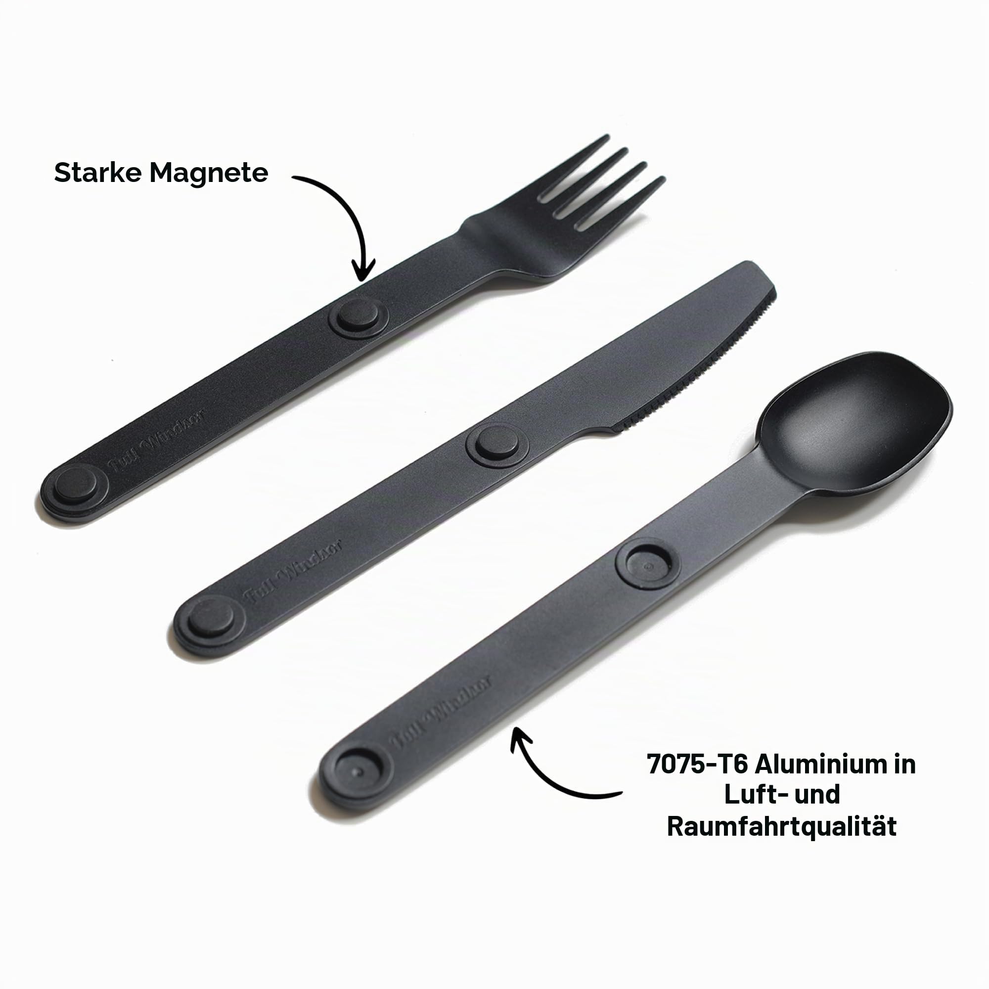 FULL WINDSOR Magware Magnetisches Camping-Besteck-Set, Reiseutensilien für Camping, Kochen und Essen im Freien, Messer, Gabel und Löffel, tragbares Besteck mit Tasche, Schwarz, 3 Stück