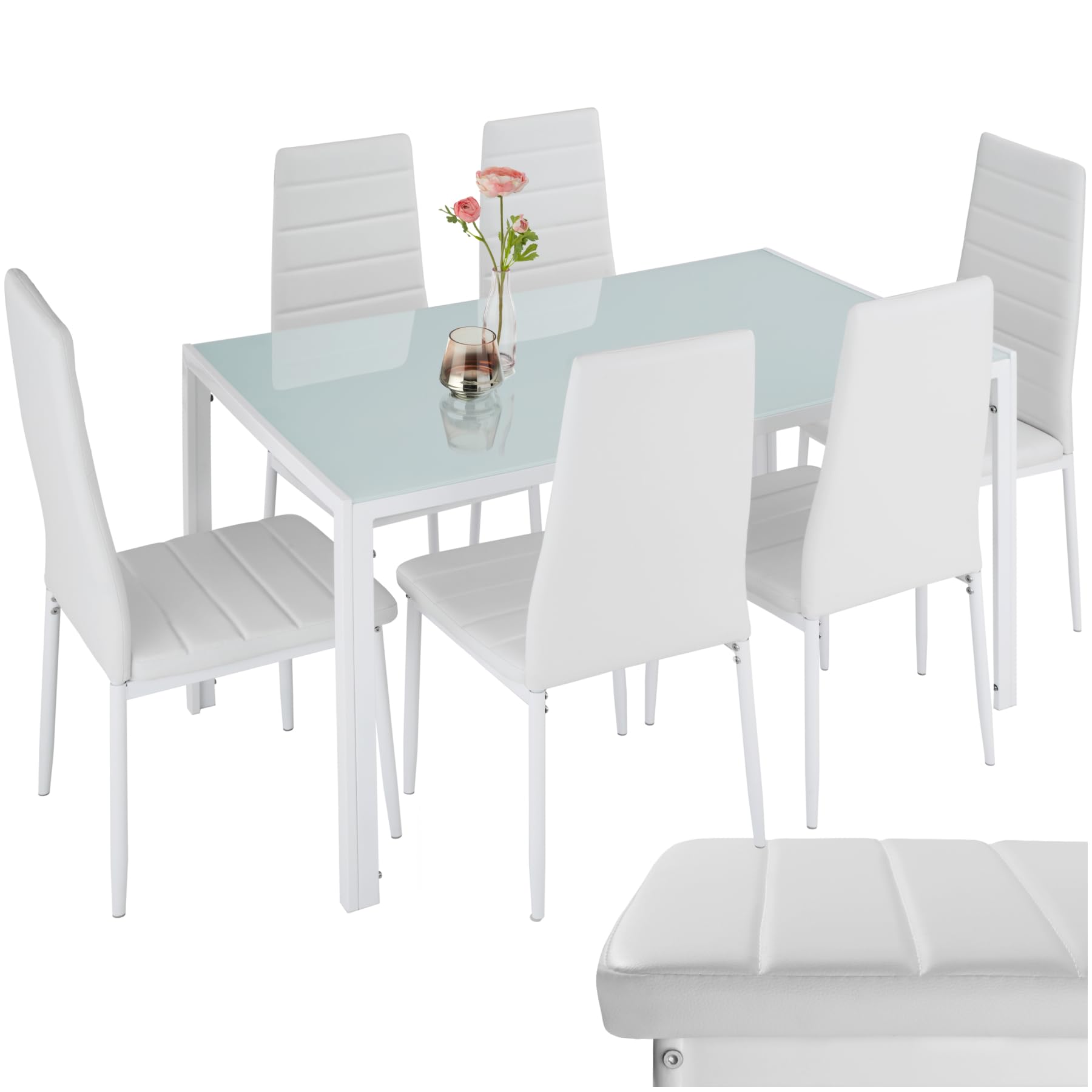 TecTake® Set di Mobili per Sala da Pranzo, 6 Sedie in Similpelle Resistente, Tavolo con Piano in Vetro, Design Moderno, Piedini SalvaPavimento, Ideale per Cucina e Soggiorno - Bianco