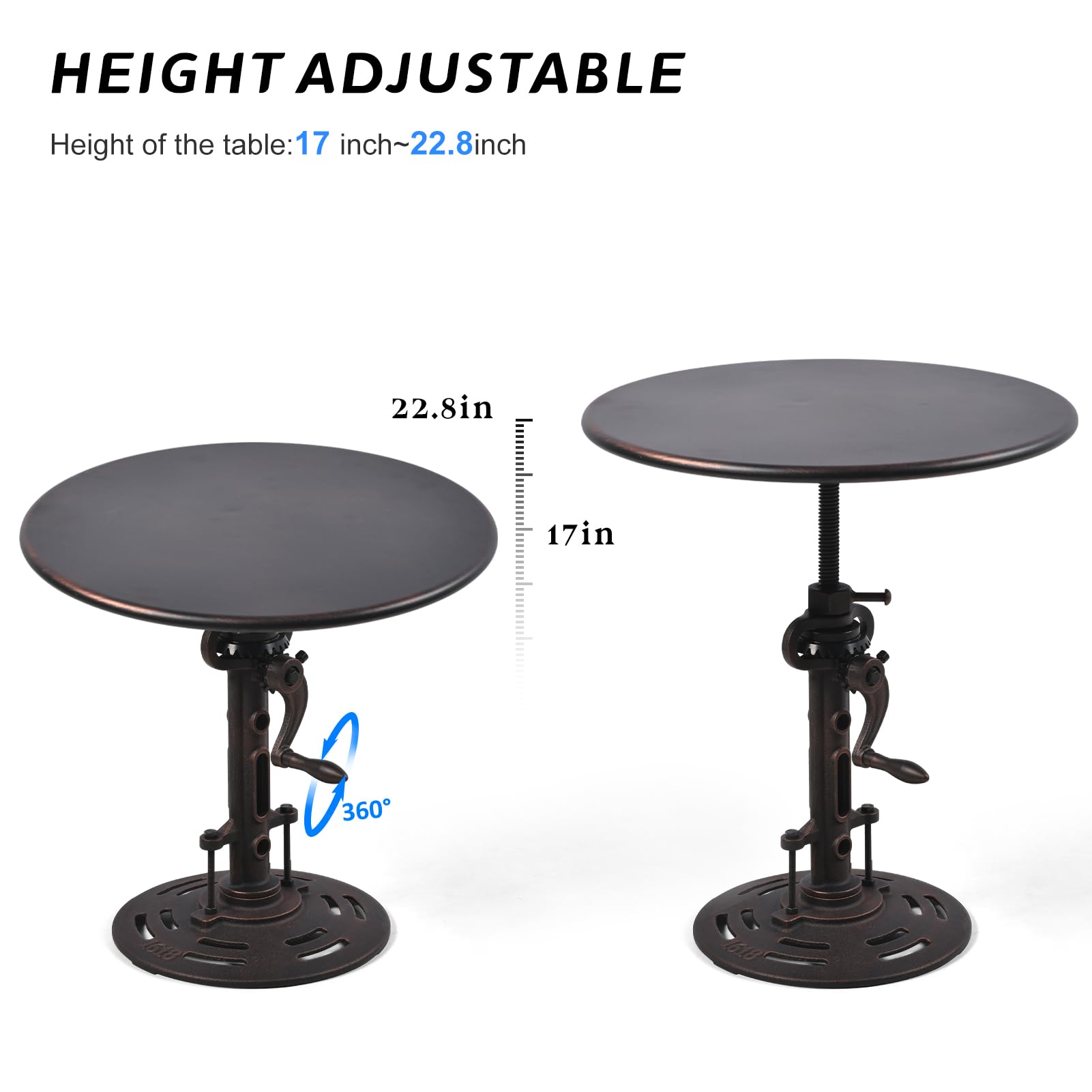 Round 19.6'' Coffee Industrial Style Hand Crank Metal Tea Table | Adjustable Height Side Table for Living Room, Bedroom and Balcony (Copper)