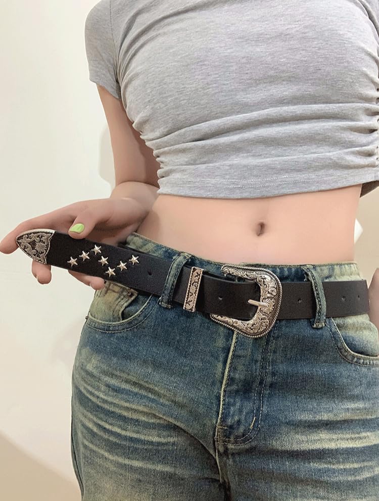 Y2k Star Studded Belts for Women Western Cowboy Cowgirl Vintage Grunge Engraved Buckle Leather Belt Punk Accessories3