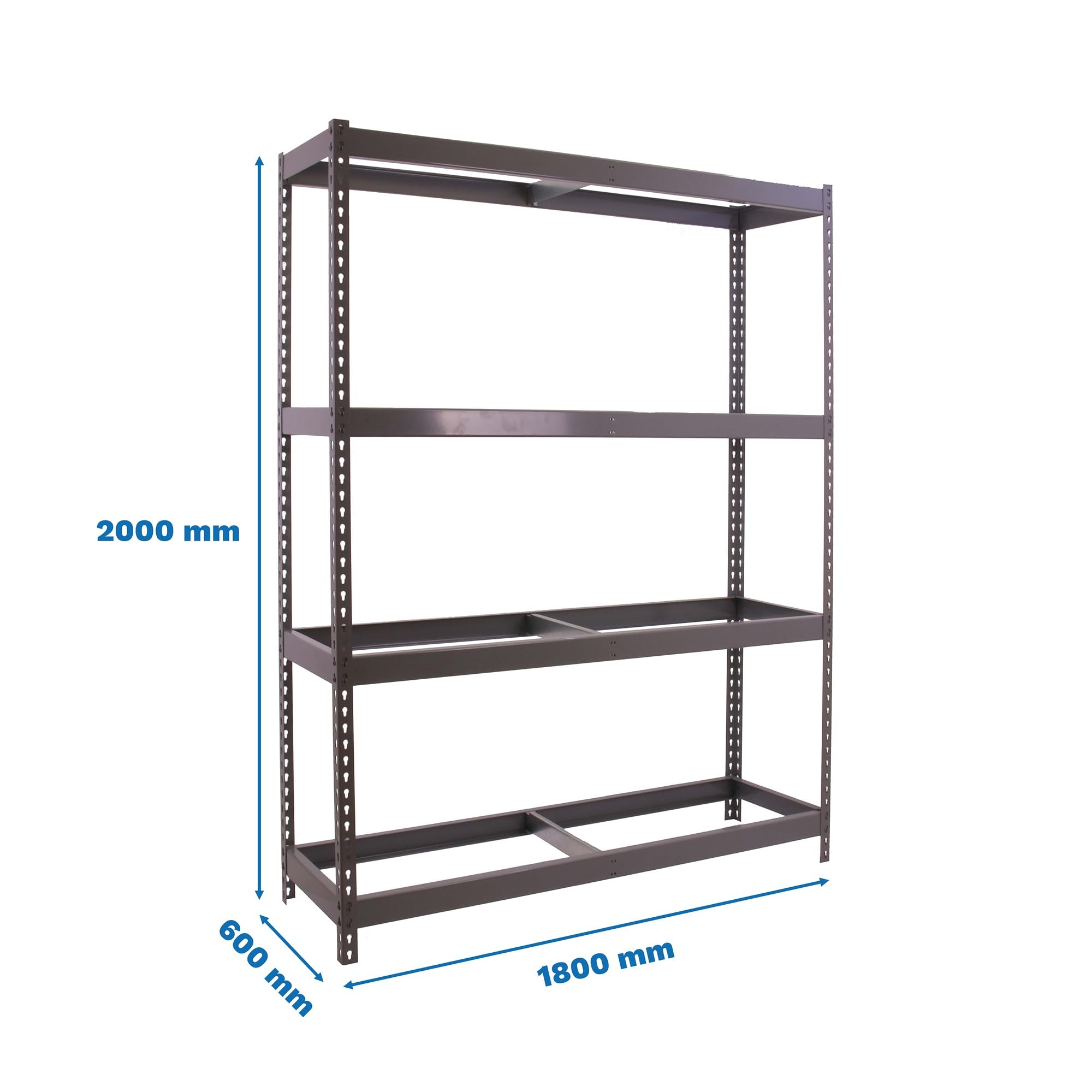 Simon Rack Estanteria Industrial, 2000x1800x600 mm, 400 kg de Punto Flexión, 4 Alturas, Sin Bandejas, Estanterias Almacenaje, Estanterias Metalicas, Gris - SimonTaller