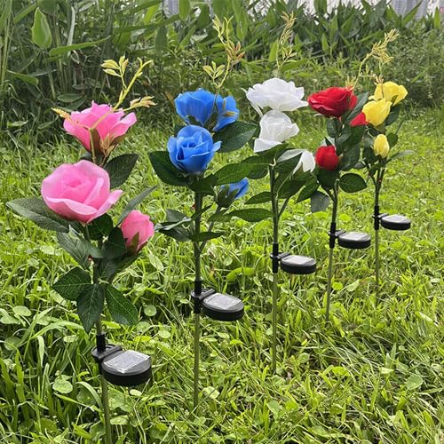 Image of GIGAWATTS Solar Rose Lights BIS Approved 2V Panel Outdoor LED 3 Flower Garden Stake Lamp for Patio Yard Pathway Decoration (Pack of 1, Red, Yellow, White, Blue and Pink)