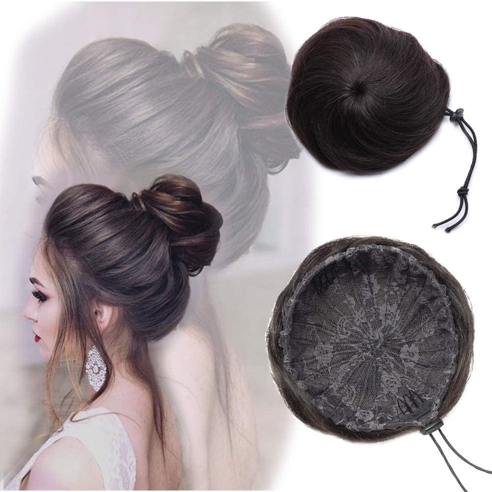 Messy Bun Hair Piece Human Hair Bun Scrunchy Updo Drawstring Clip in Bun Wavy Curly for Women Wedding Party Off Black #1B